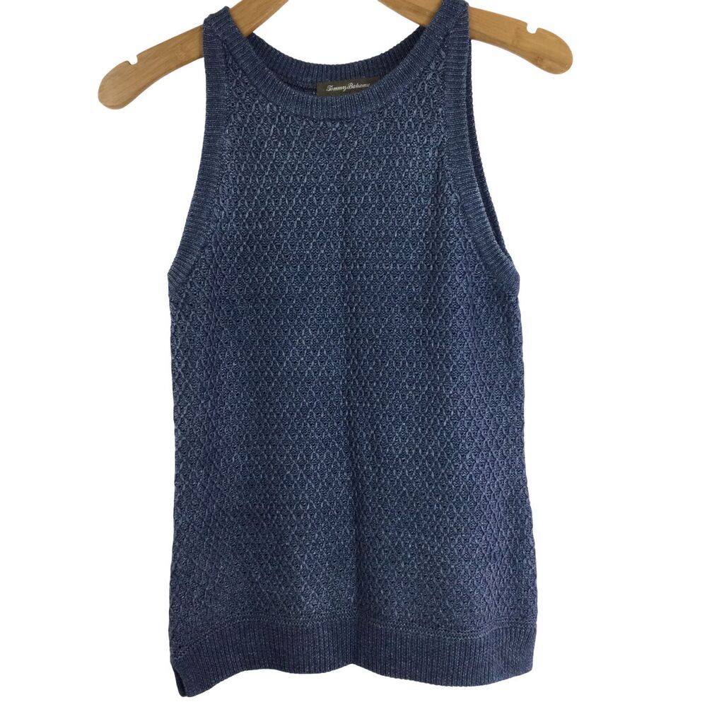 Tommy Bahama Womens Linen Sleeveless Open Knit Diamond Pattern Sweater Blue XS